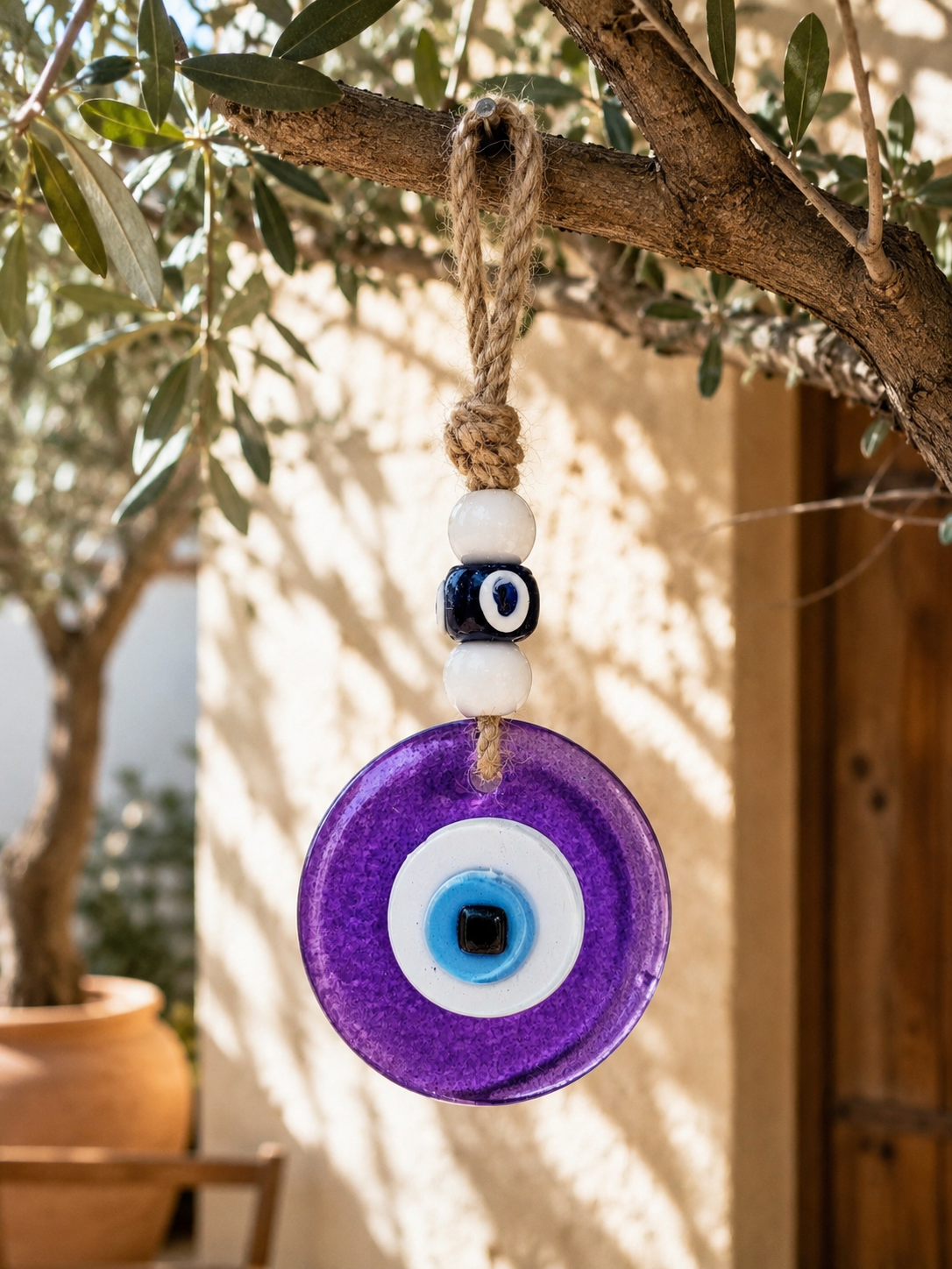 Evil Eye Wall Hanging, Handmade Glass Home Decor, Clear Purple Fusion 7 Inch