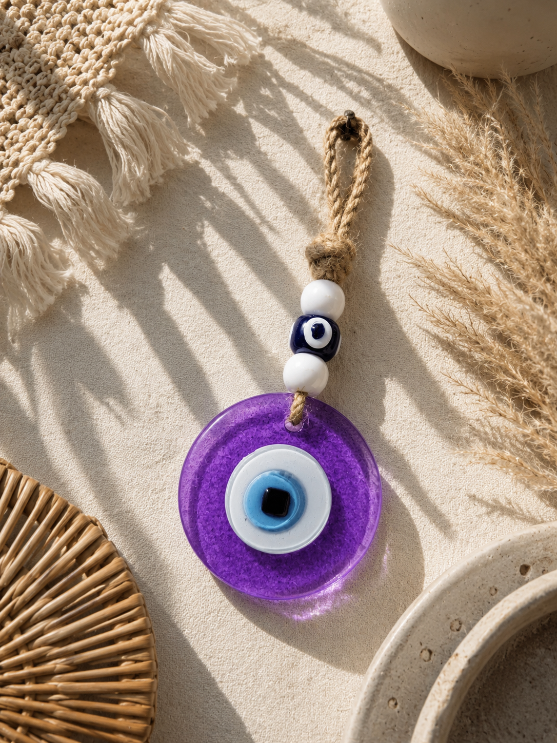 Evil Eye Wall Hanging, Handmade Glass Home Decor, Clear Purple Fusion 7 Inch