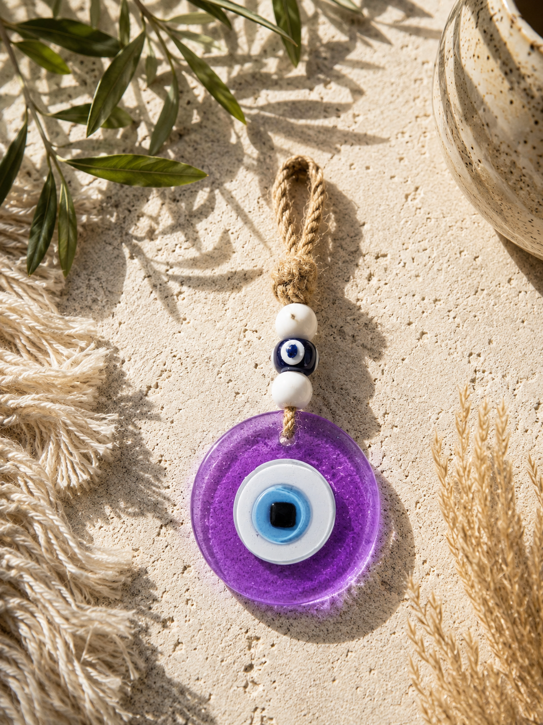 Evil Eye Wall Hanging, Handmade Glass Home Decor, Clear Purple Fusion 7 Inch