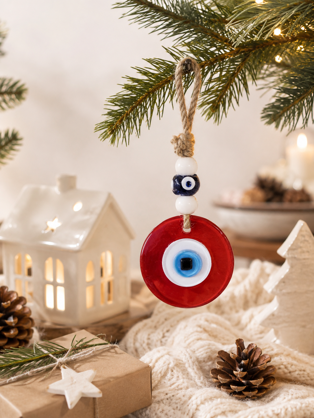 Evil Eye Wall Hanging - Handmade Glass Home Decor, Matte Red Fusion 7 Inch