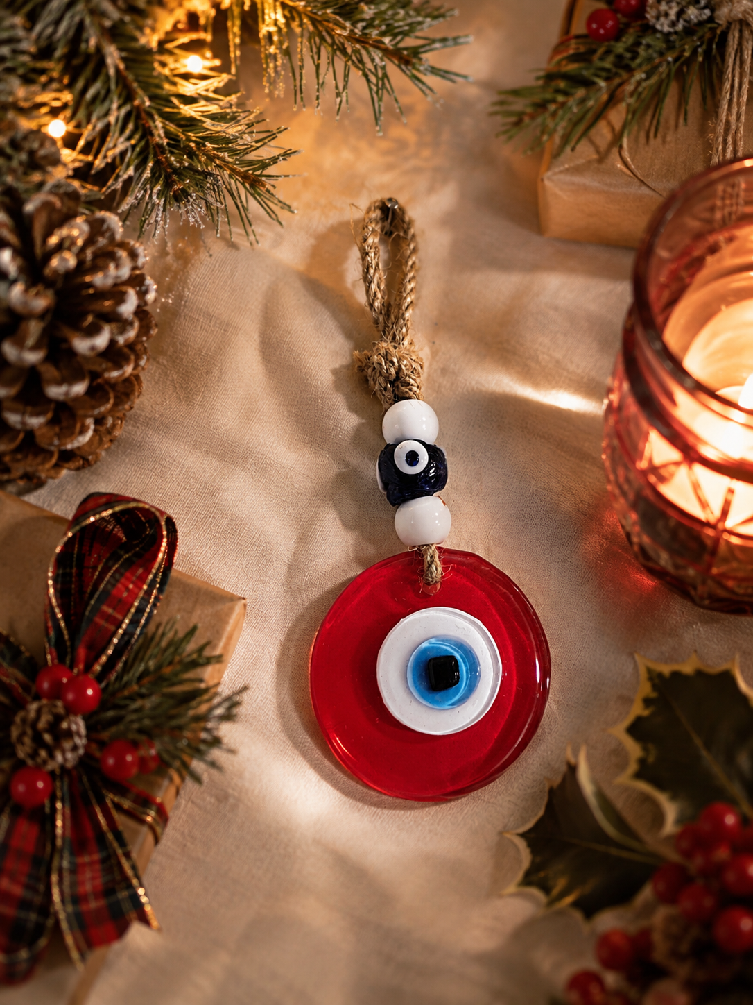 Evil Eye Wall Hanging - Handmade Glass Home Decor, Matte Red Fusion 7 Inch