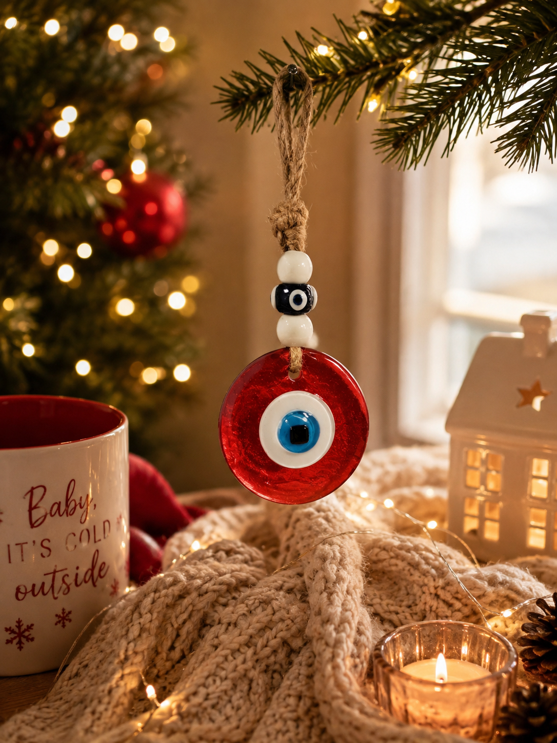 Evil Eye Wall Hanging, Handmade Glass Home Decor, Clear Red Fusion 7 Inch
