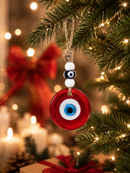 Evil Eye Wall Hanging, Handmade Glass Home Decor, Clear Red Fusion 7 Inch