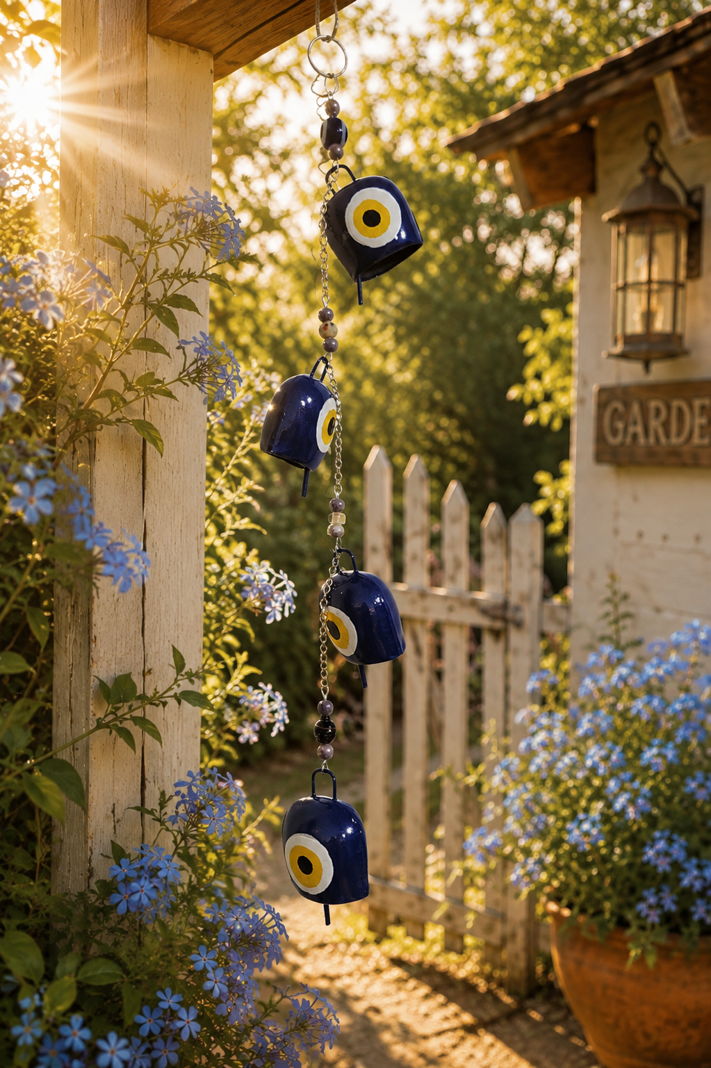 Hand Painted Evil Eye Bell Wind Chime with 4 Bells and Beads Boho Decor