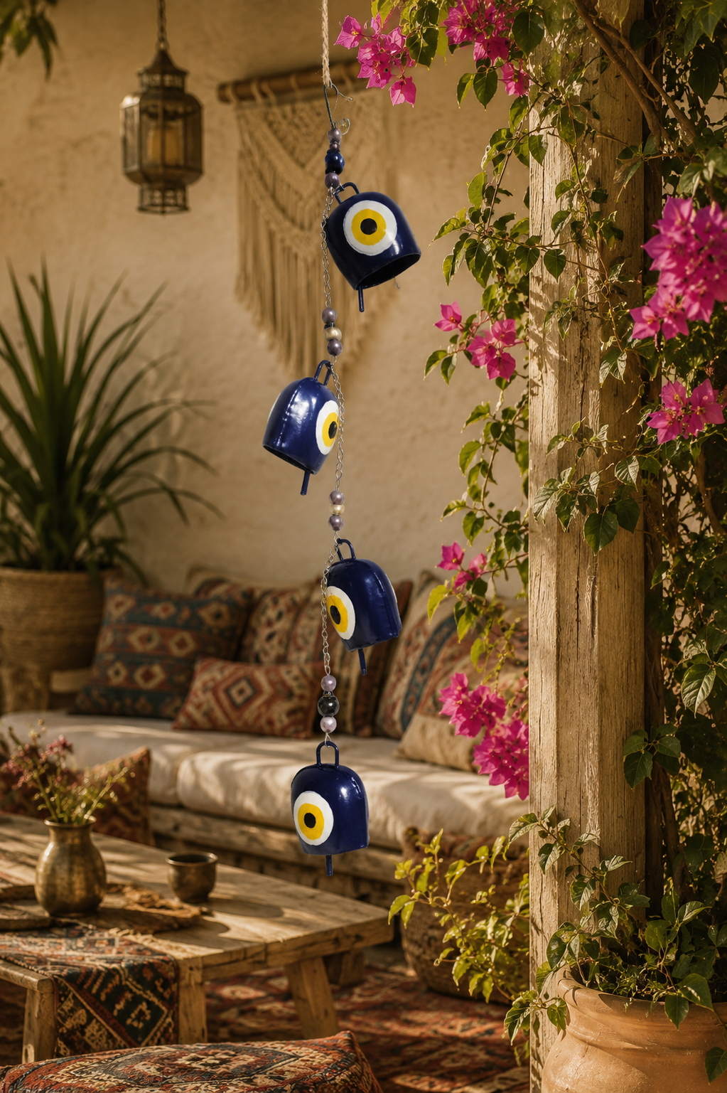 Hand Painted Evil Eye Bell Wind Chime with 4 Bells and Beads Boho Decor