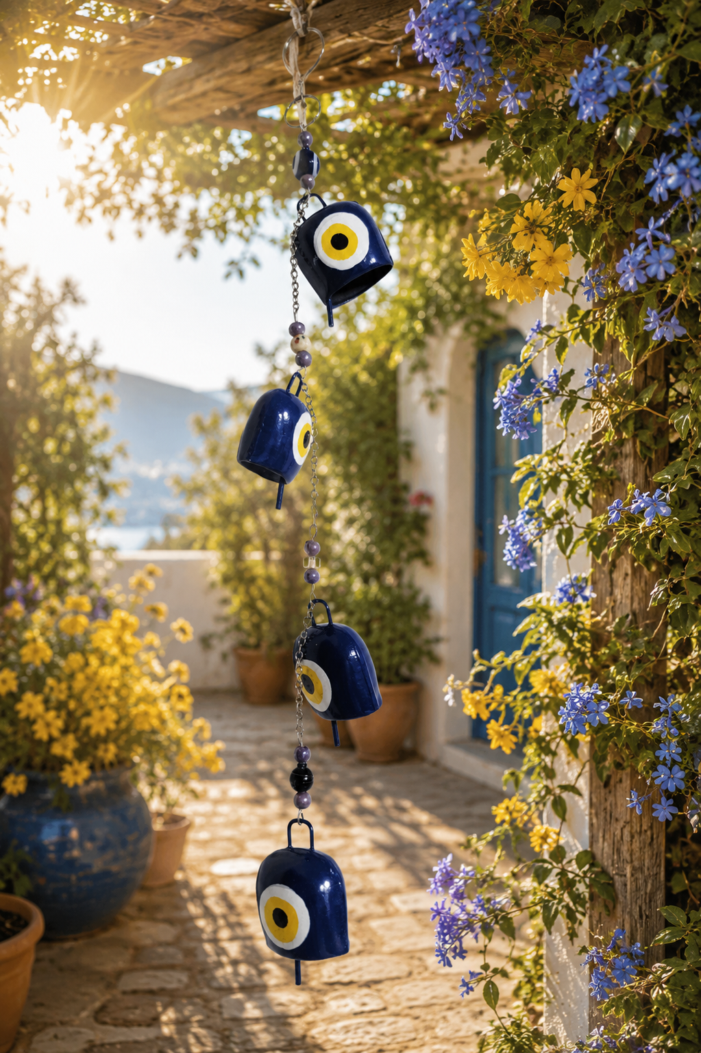Hand Painted Evil Eye Bell Wind Chime with 4 Bells and Beads Boho Decor