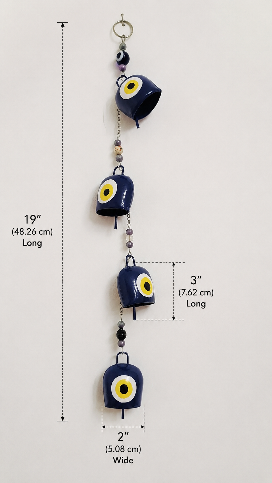 Hand Painted Evil Eye Bell Wind Chime with 4 Bells and Beads Boho Decor
