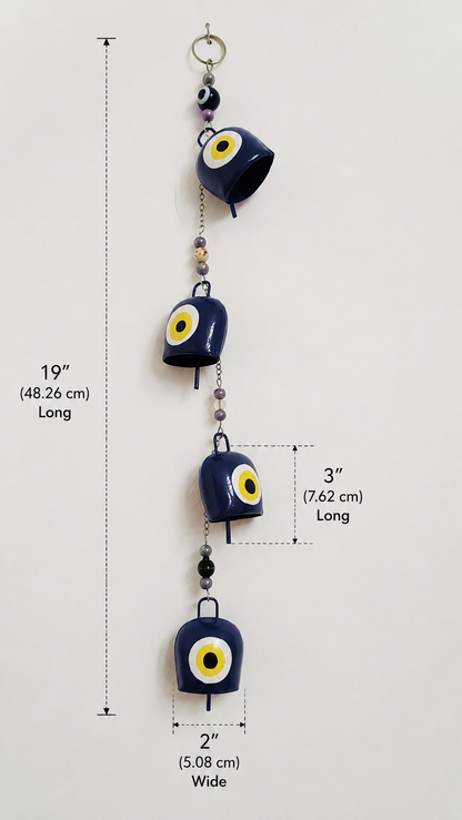 Hand Painted Evil Eye Bell Wind Chime with 4 Bells and Beads Boho Decor