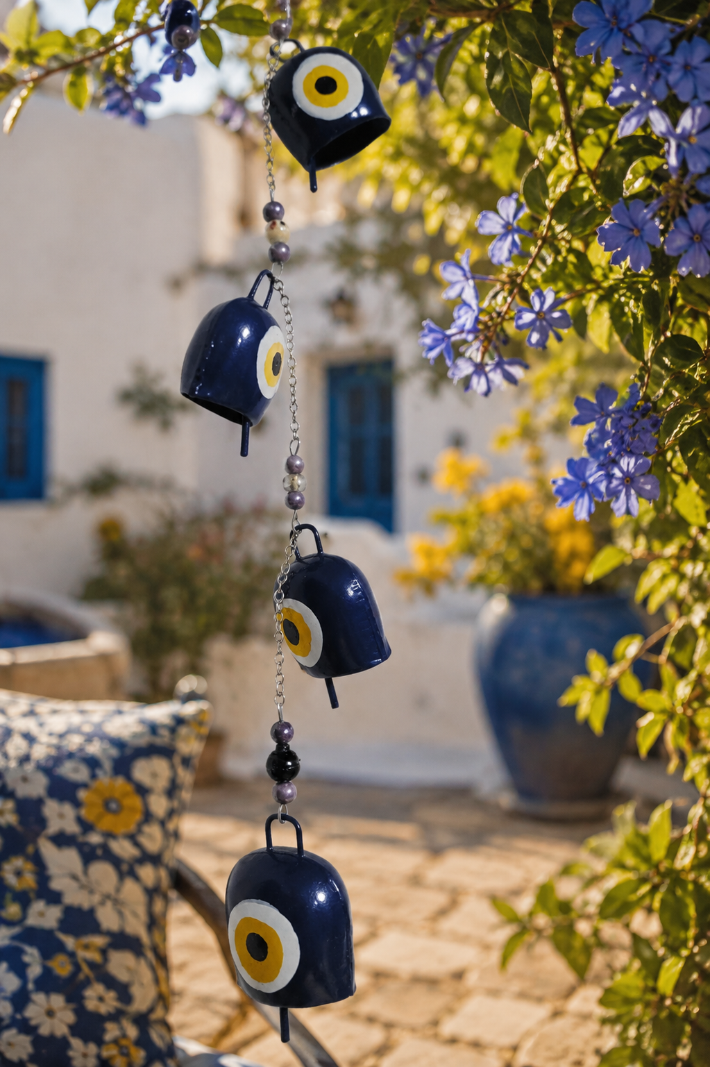 Hand Painted Evil Eye Bell Wind Chime with 4 Bells and Beads Boho Decor