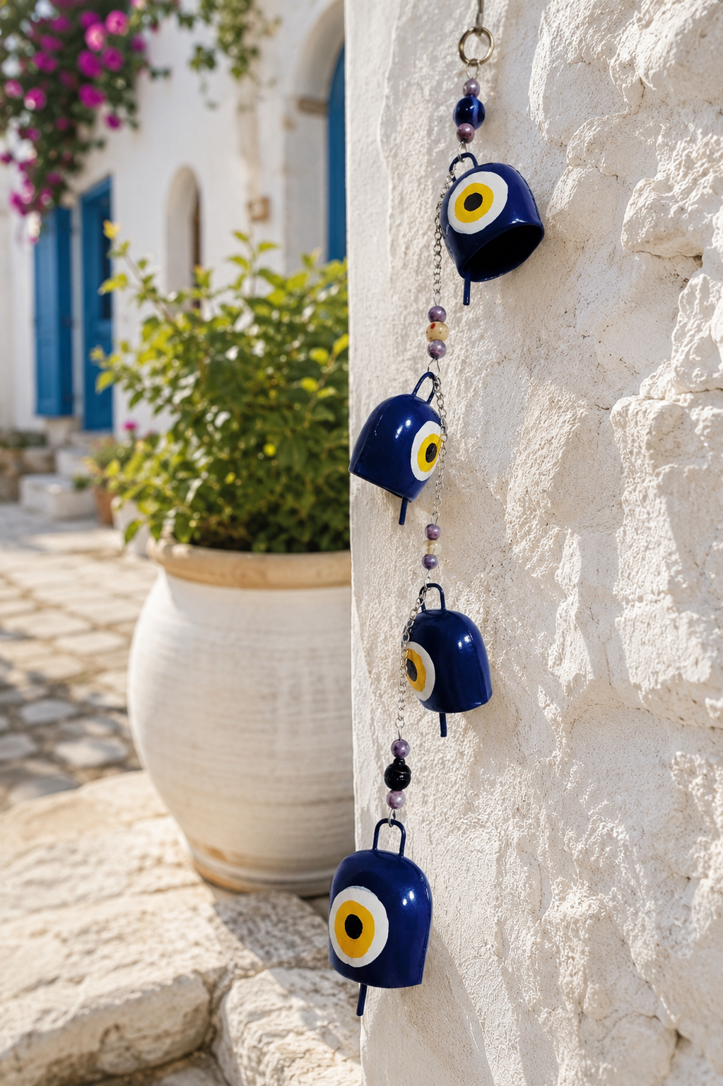 Hand Painted Evil Eye Bell Wind Chime with 4 Bells and Beads Boho Decor