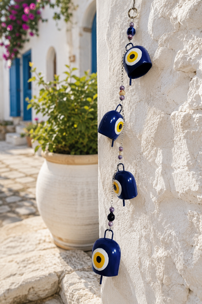 Hand Painted Evil Eye Bell Wind Chime with 4 Bells and Beads Boho Decor