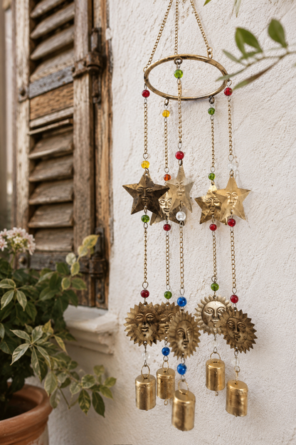 Sun and Star Wind Chime with Bells and Beads Boho Garden Decor