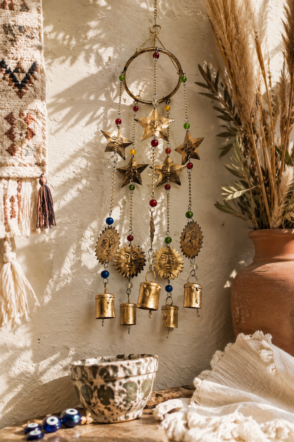 Sun and Star Wind Chime with Bells and Beads Boho Garden Decor