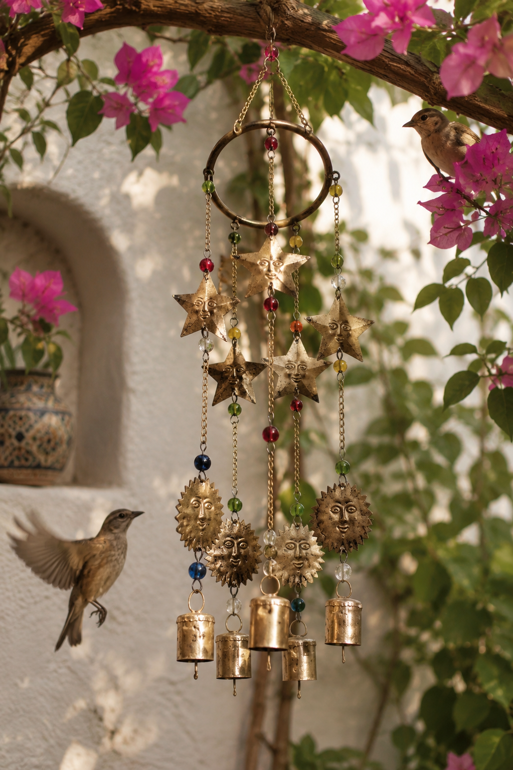 Sun and Star Wind Chime with Bells and Beads Boho Garden Decor