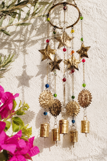 Sun and Star Wind Chime with Bells and Beads Boho Garden Decor