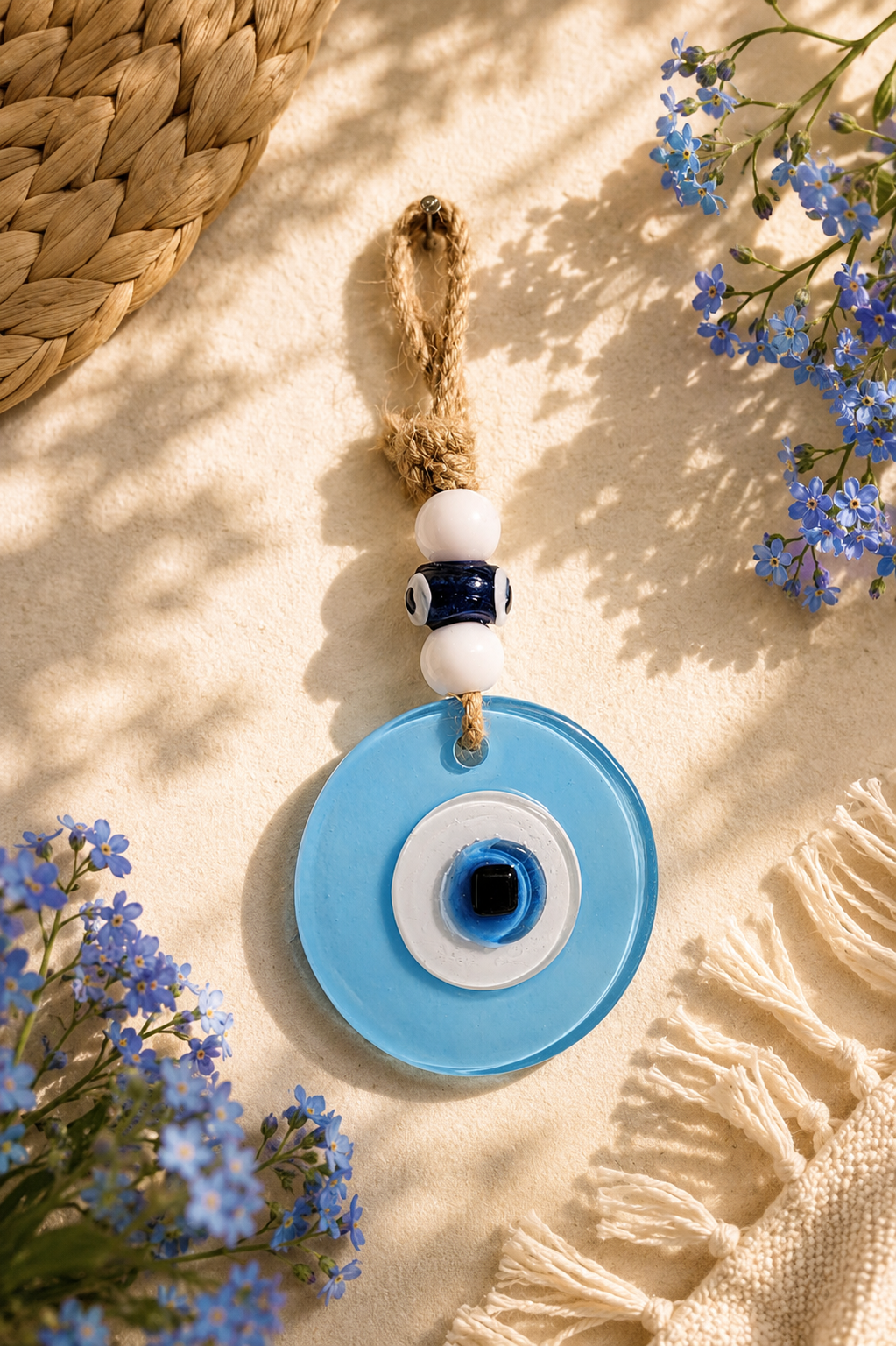 Evil Eye Wall Hanging, Handmade Glass Home Decor, Matte Blue Fusion 7 Inch (Copy)