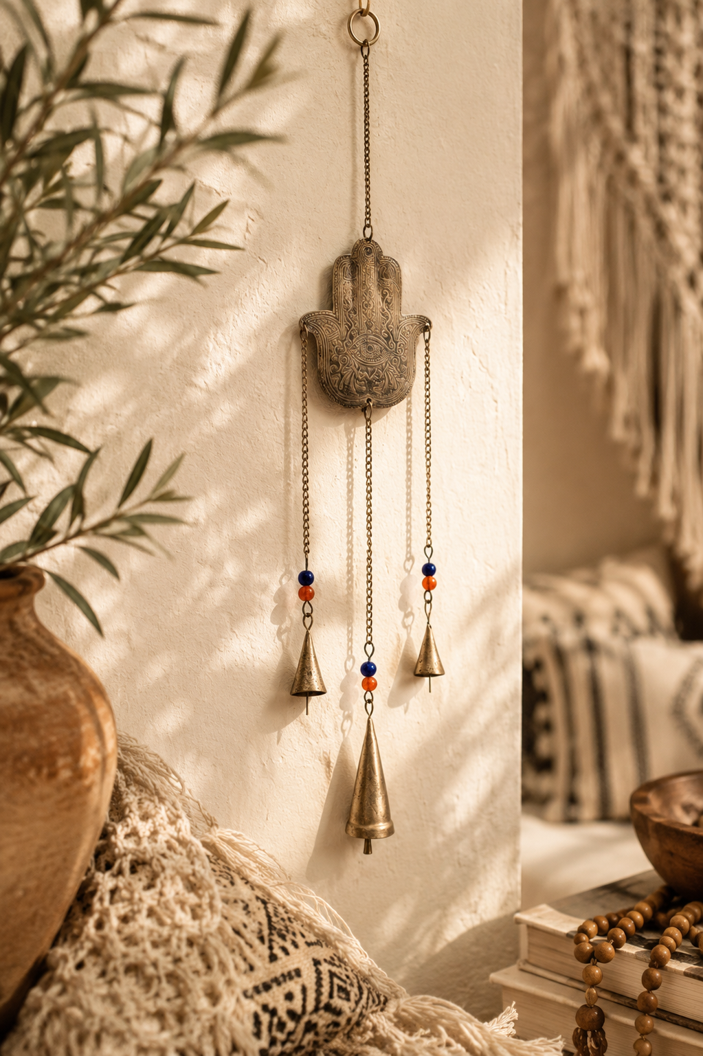 Hamsa Hand Wind Chime with Bells and Beads Boho Wall or Garden Decor