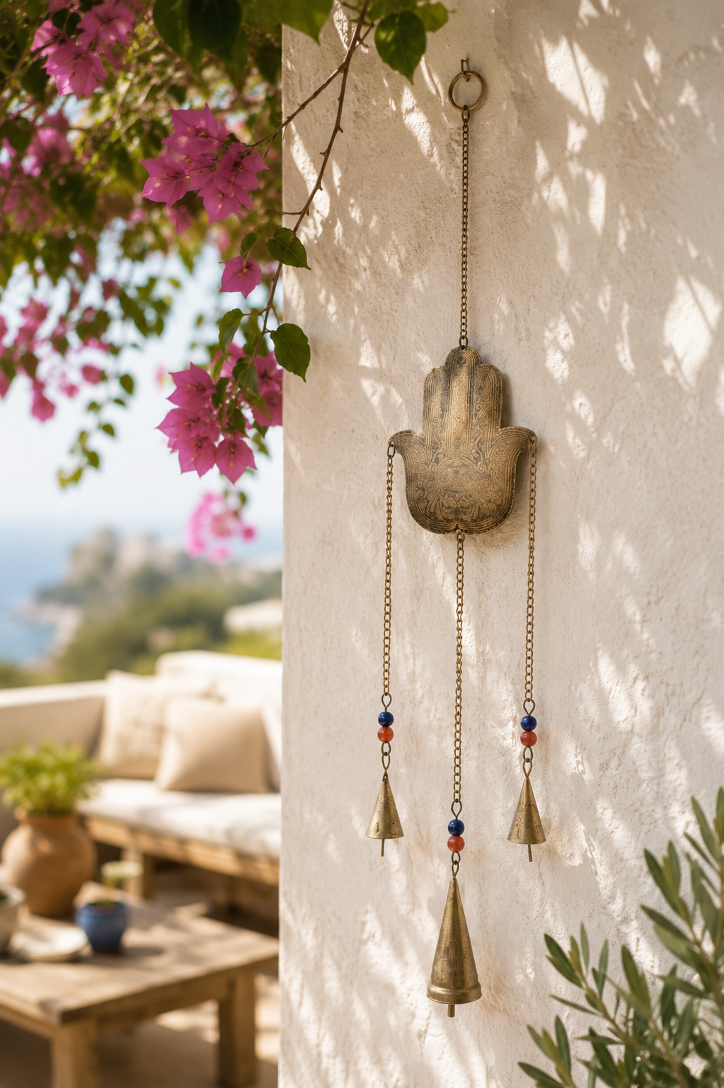 Hamsa Hand Wind Chime with Bells and Beads Boho Wall or Garden Decor