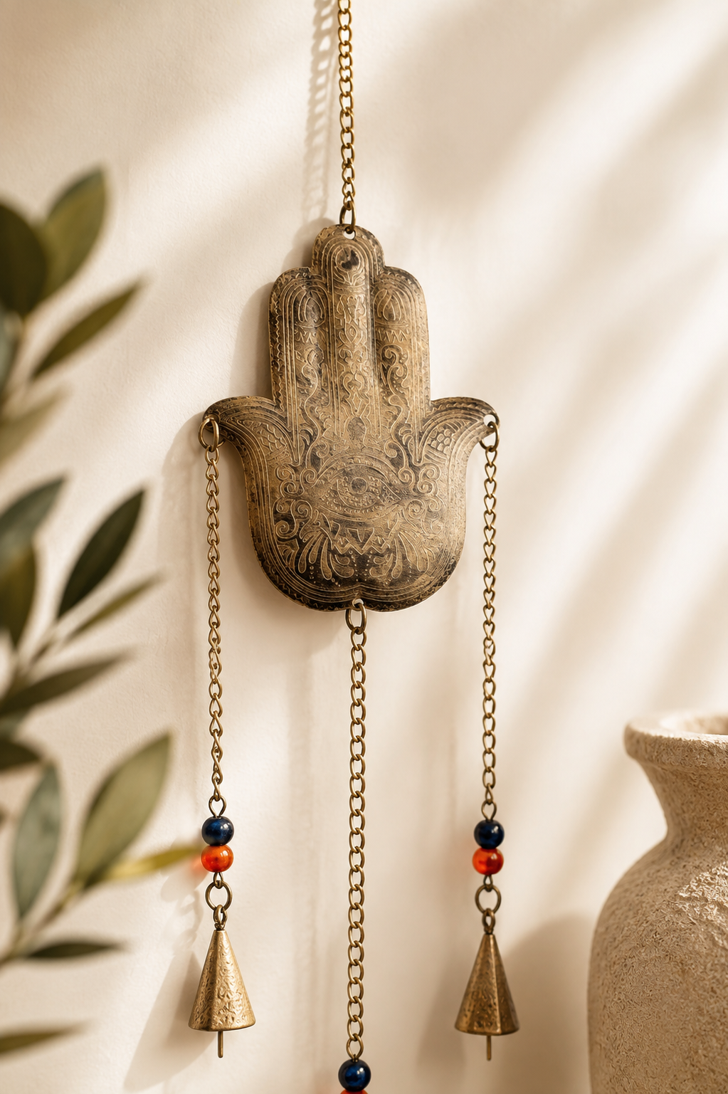 Hamsa Hand Wind Chime with Bells and Beads Boho Wall or Garden Decor