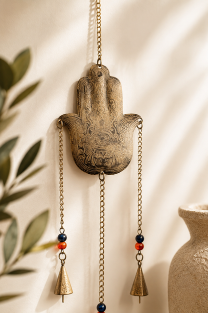 Hamsa Hand Wind Chime with Bells and Beads Boho Wall or Garden Decor