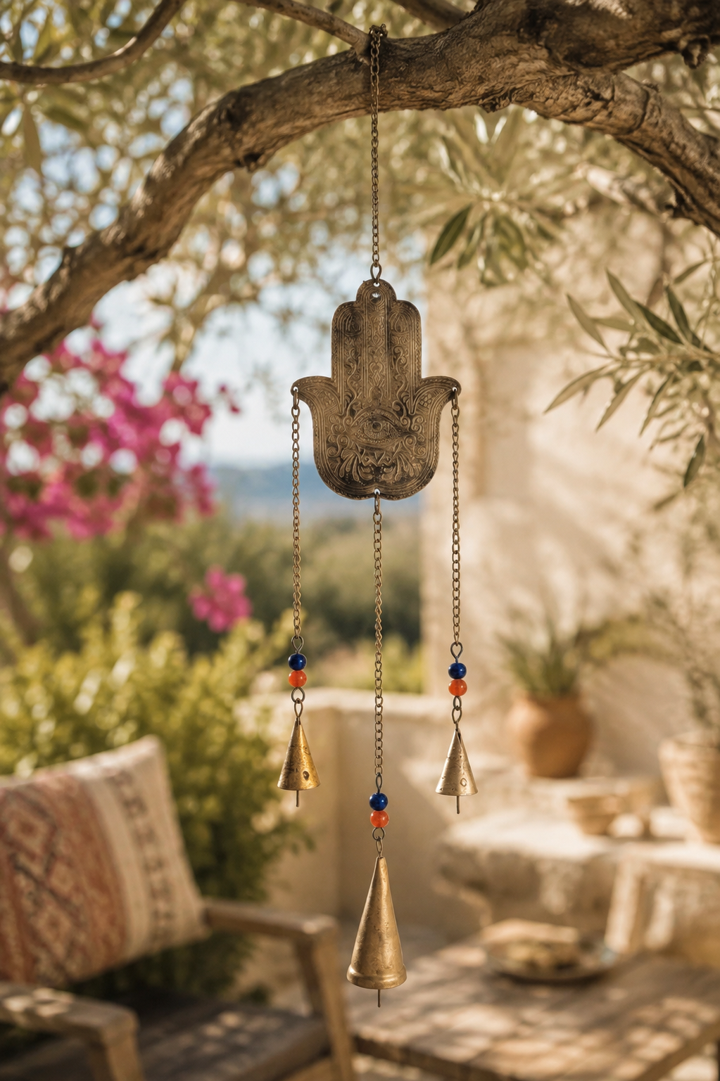 Hamsa Hand Wind Chime with Bells and Beads Boho Wall or Garden Decor