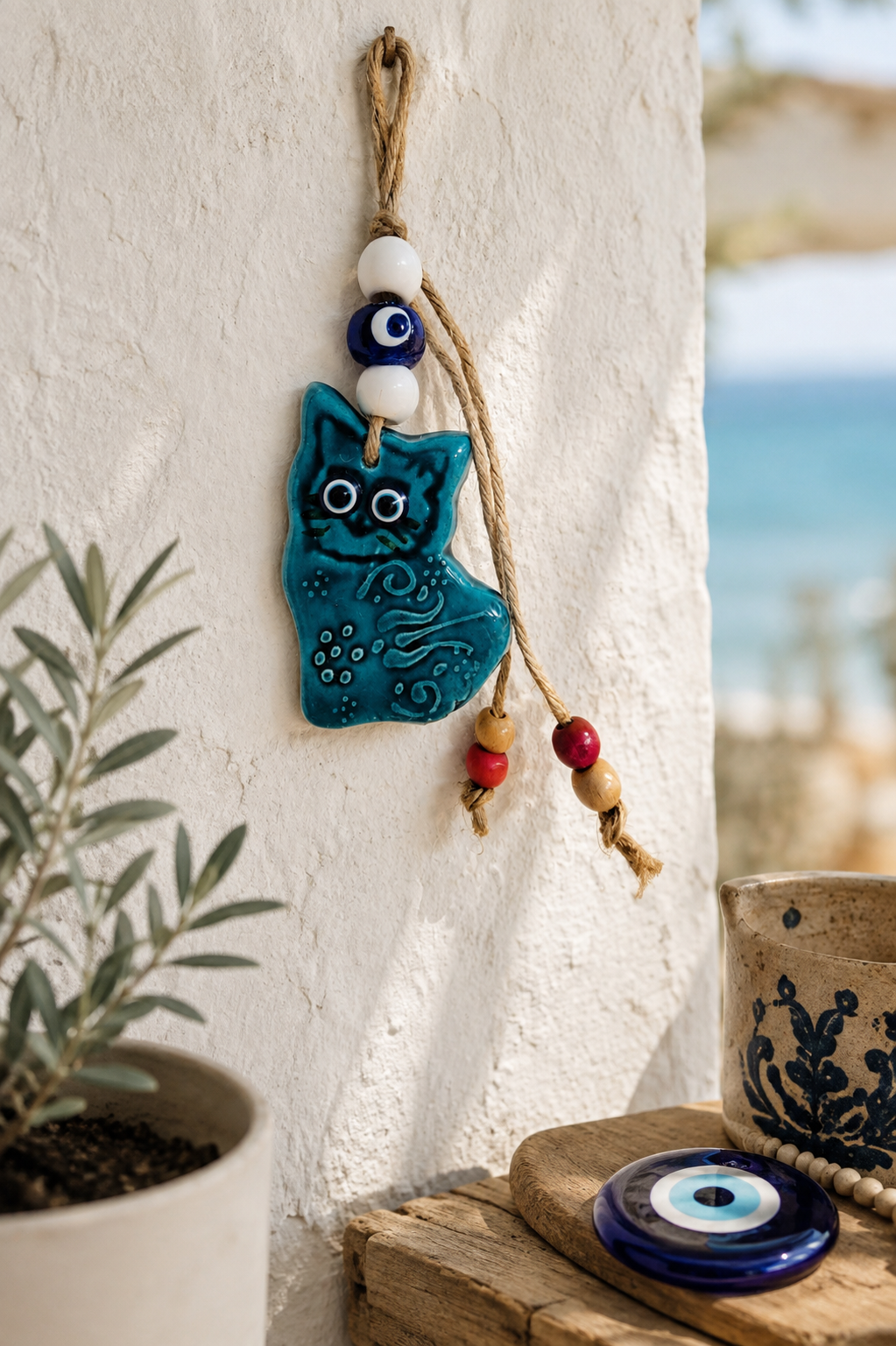 Handmade Ceramic Cat Evil Eye Decor Blue Nazar Wall Hanging