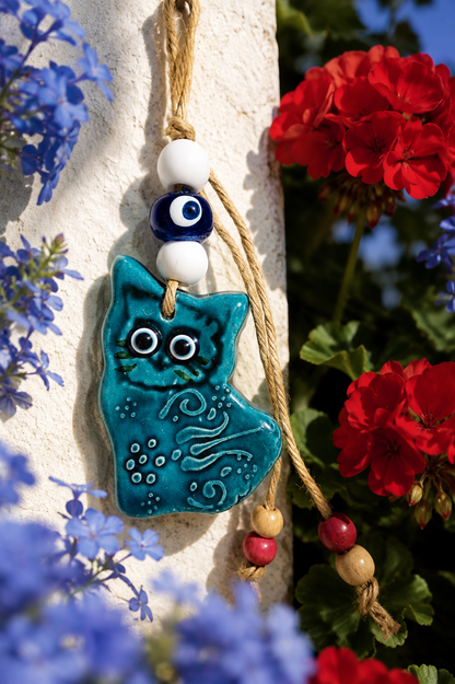 Handmade Ceramic Cat Evil Eye Decor Blue Nazar Wall Hanging