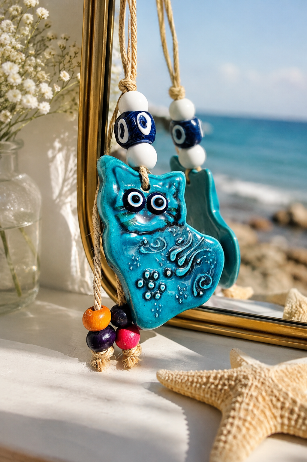 Handmade Ceramic Cat Evil Eye Decor Blue Nazar Wall Hanging