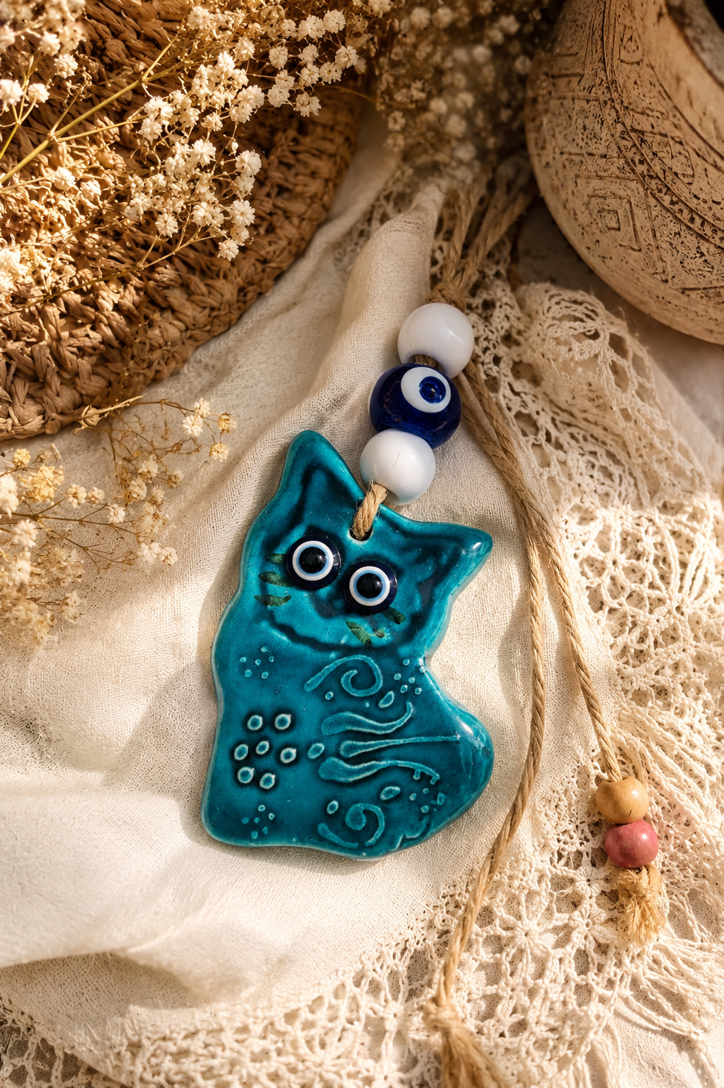 Handmade Ceramic Cat Evil Eye Decor Blue Nazar Wall Hanging