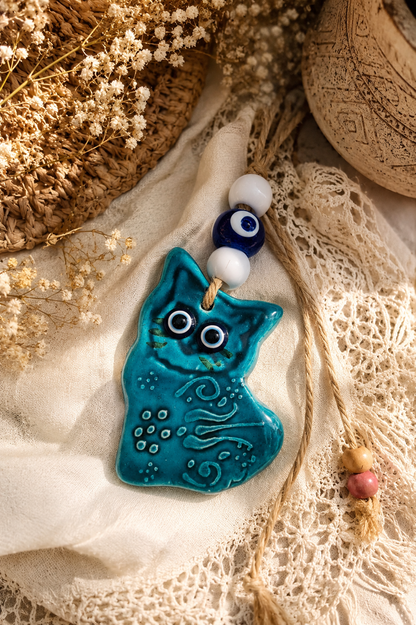 Handmade Ceramic Cat Evil Eye Decor Blue Nazar Wall Hanging