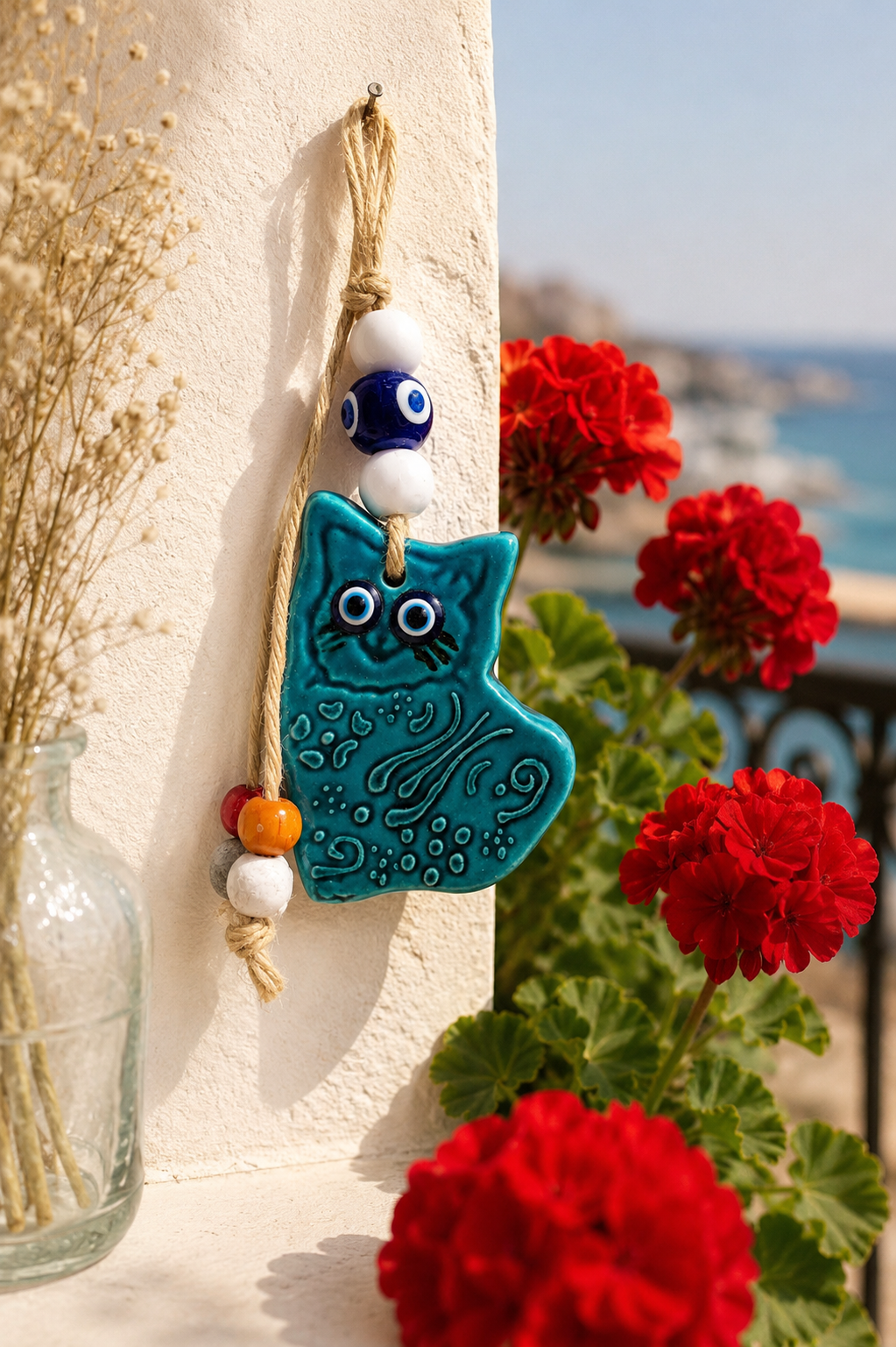 Handmade Ceramic Cat Evil Eye Decor Blue Nazar Wall Hanging