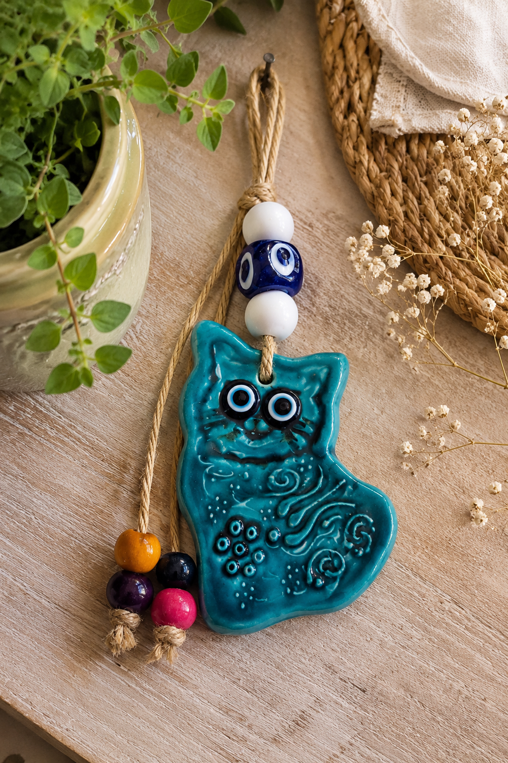 Handmade Ceramic Cat Evil Eye Decor Blue Nazar Wall Hanging