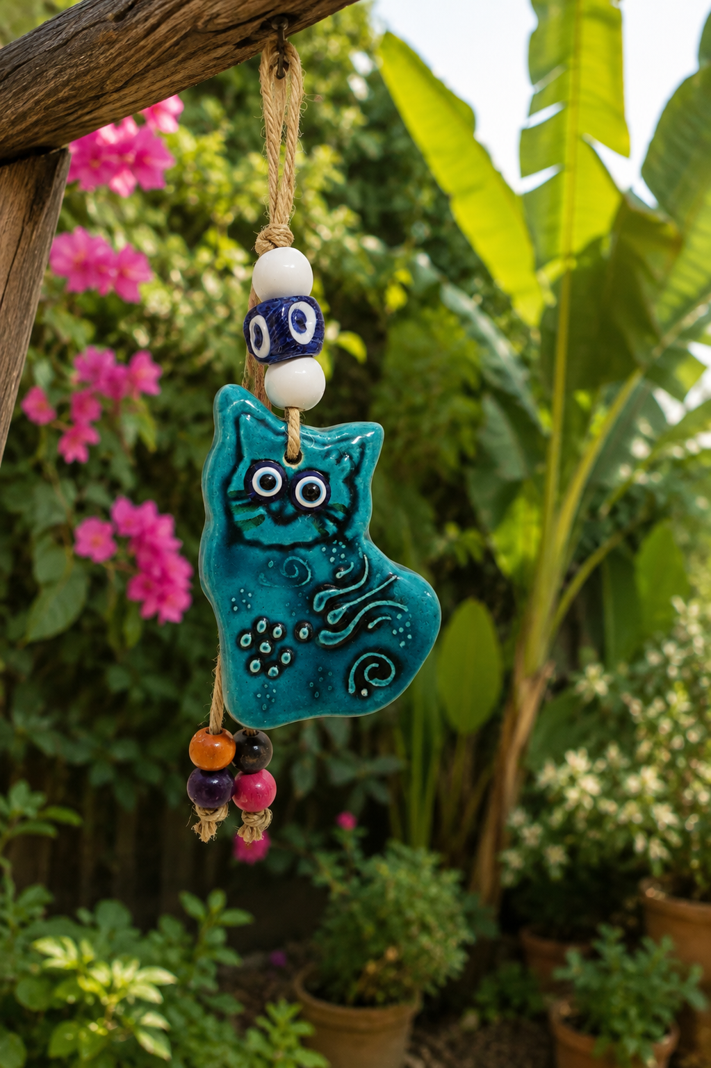 Handmade Ceramic Cat Evil Eye Decor Blue Nazar Wall Hanging