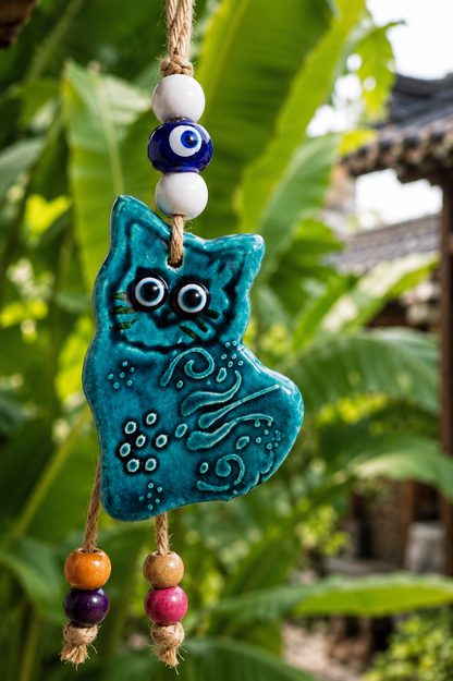 Handmade Ceramic Cat Evil Eye Decor Blue Nazar Wall Hanging