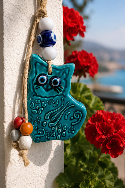 Handmade Ceramic Cat Evil Eye Decor Blue Nazar Wall Hanging