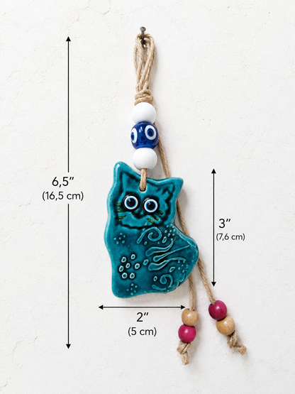 Handmade Ceramic Cat Evil Eye Decor Blue Nazar Wall Hanging