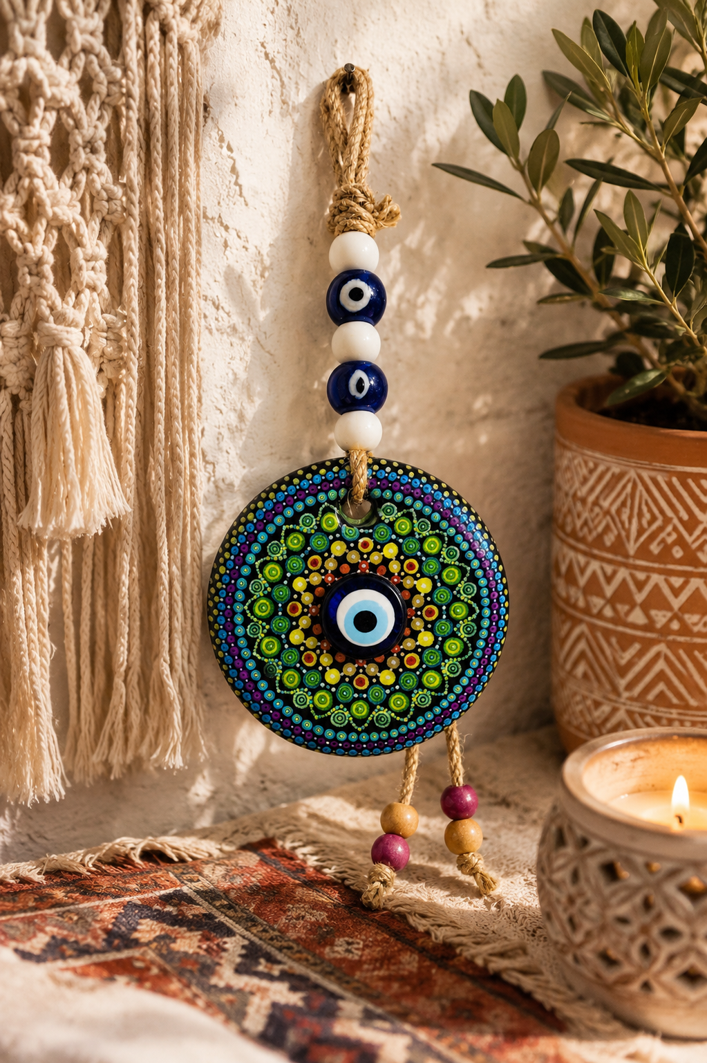 Traditional Mediterranean Glass Evil Eye Wall Decor, Mandala