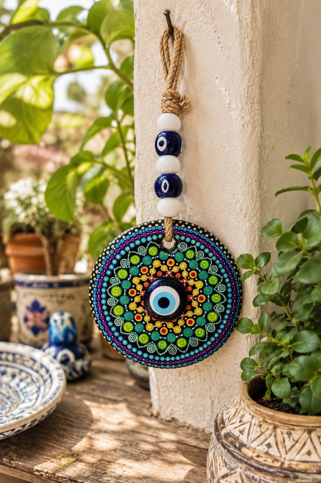 Traditional Mediterranean Glass Evil Eye Wall Decor, Mandala