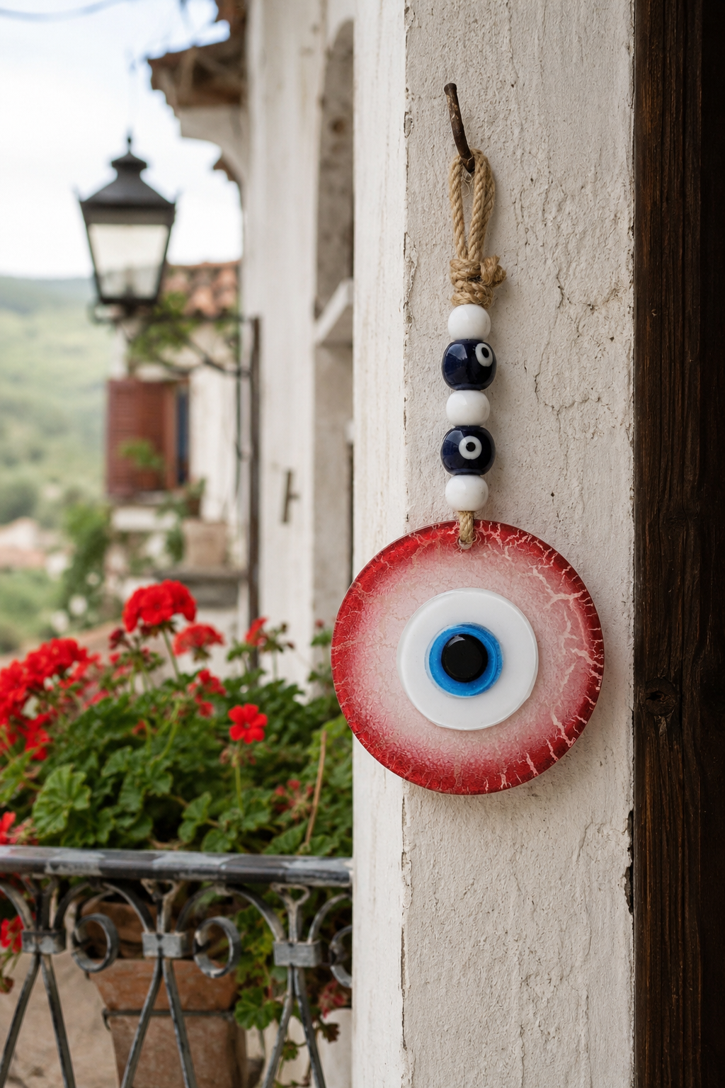 Handmade Glass Evil Eye Wall Hanging, Red