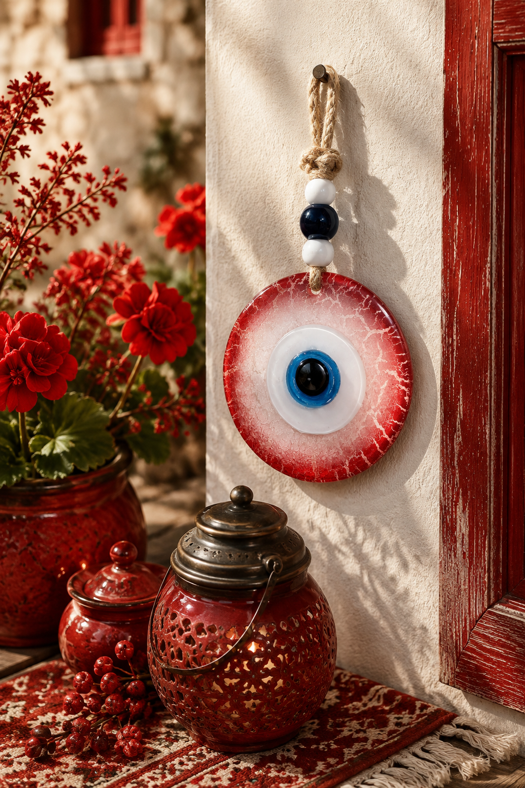 Handmade Glass Evil Eye Wall Hanging, Red