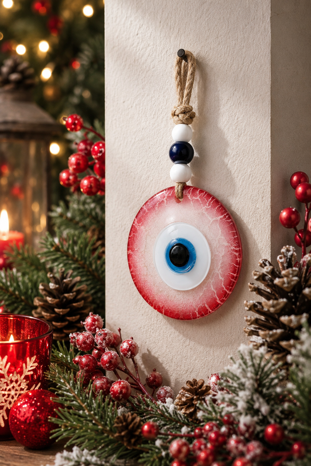 Handmade Glass Evil Eye Wall Hanging, Red