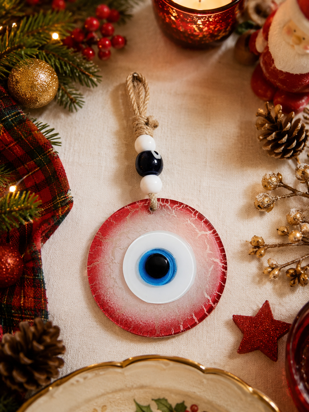 Handmade Glass Evil Eye Wall Hanging, Red