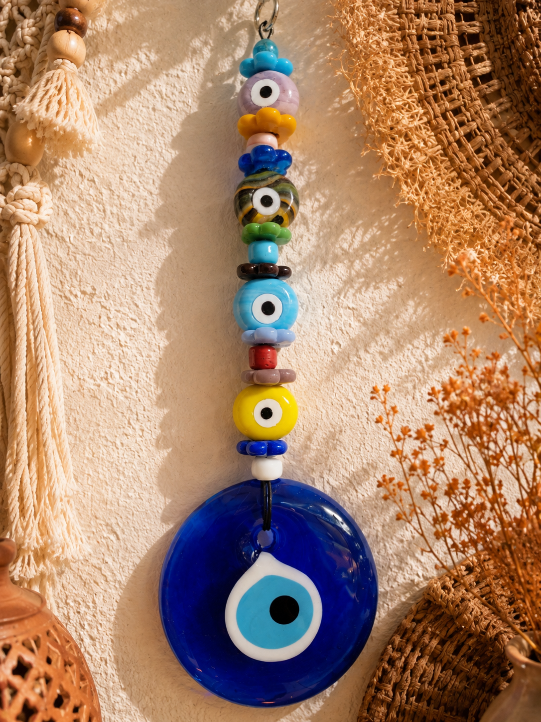 Glass Evil Eye Wall Hanging with Assorted Beads