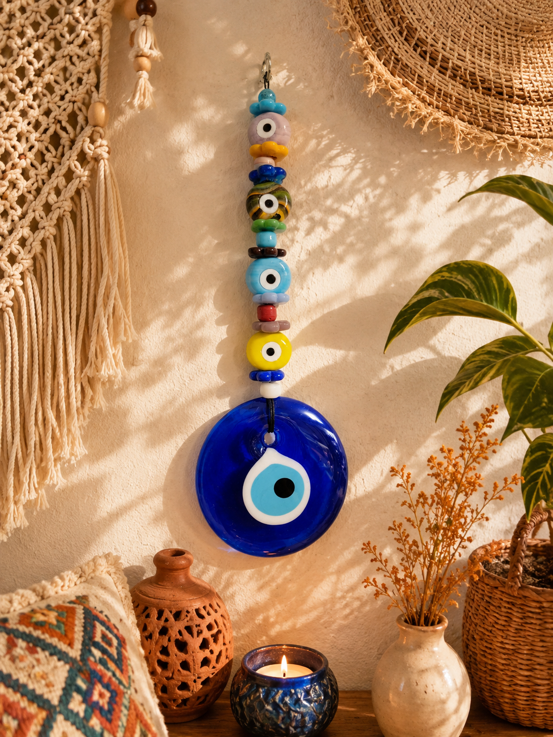 Glass Evil Eye Wall Hanging with Assorted Beads