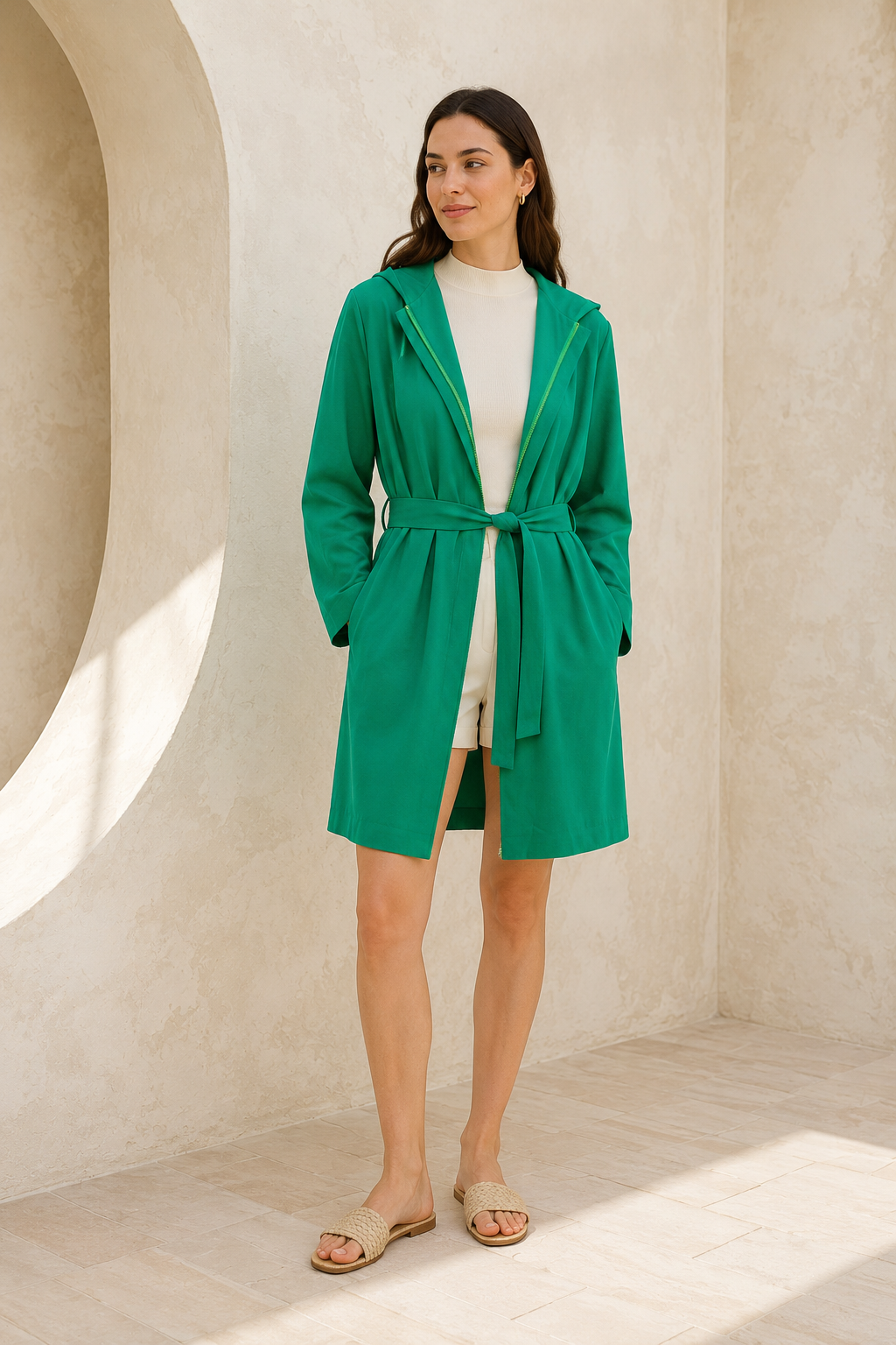 Women’s Collarless Belted Long Jacket with Pockets