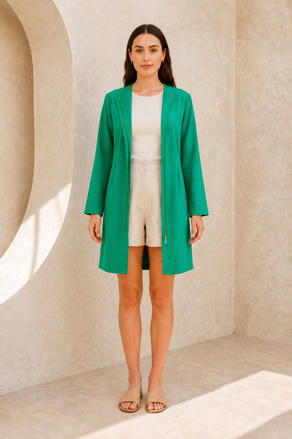 Women’s Collarless Belted Long Jacket with Pockets