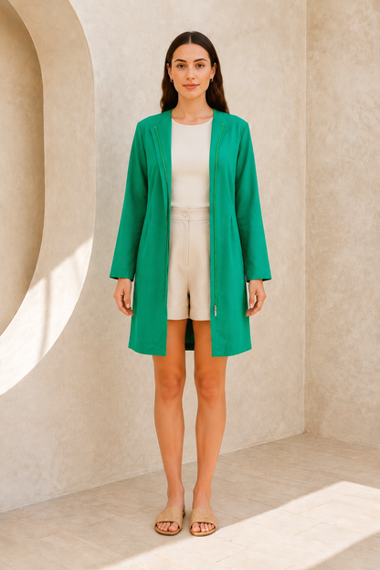 Women’s Collarless Belted Long Jacket with Pockets