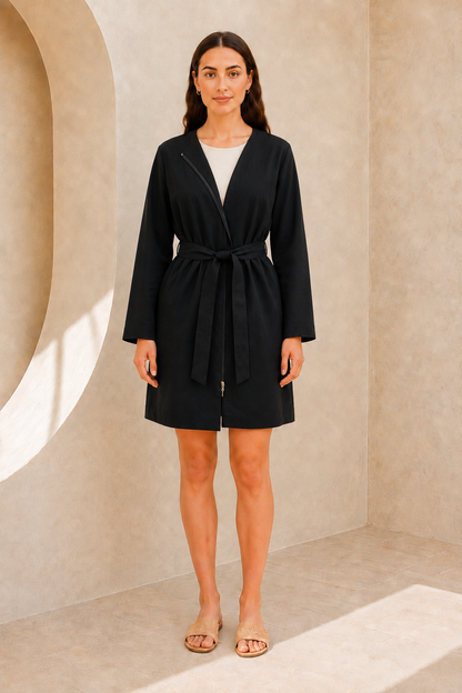 Women’s Collarless Belted Long Jacket with Pockets