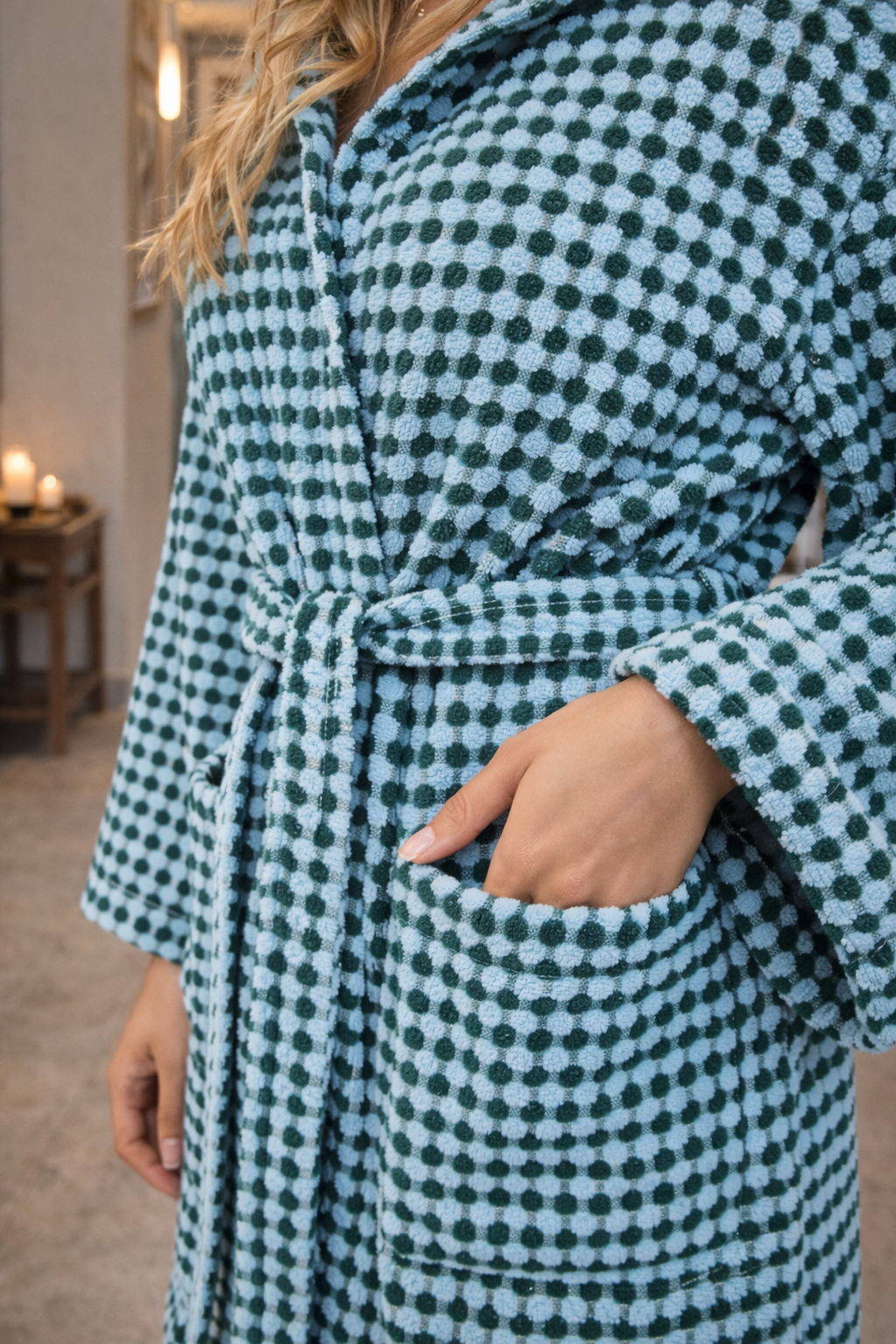 Unisex Robe, Beach Robe, Spa Robe with pockets , Blue Pom Pom Robe