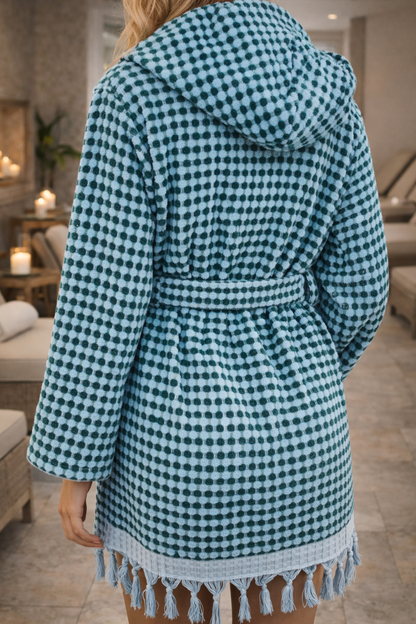 Unisex Robe, Beach Robe, Spa Robe with pockets , Blue Pom Pom Robe